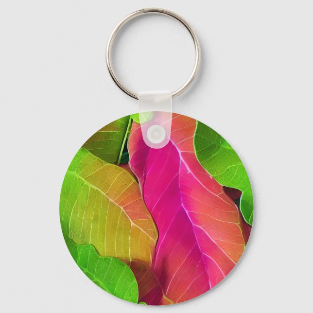 Beautiful Pink and Green Leafy Pattern Key Ring (Front)