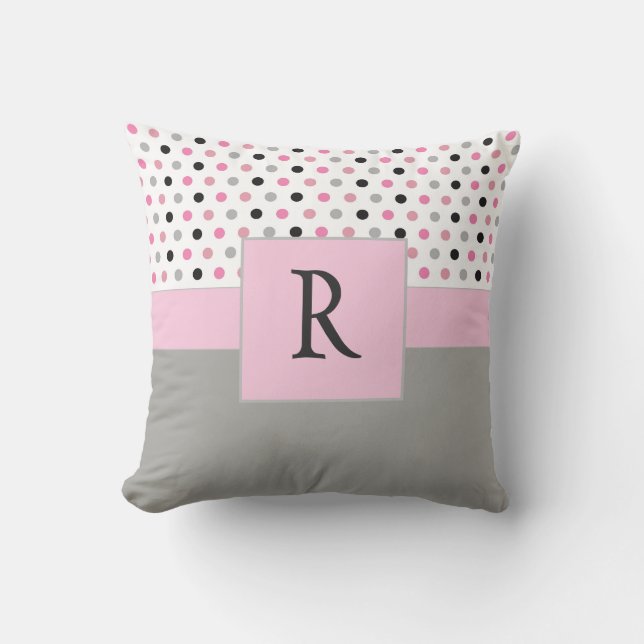 Beautiful Pink and Grey Monogram Polkadots Cushion (Front)