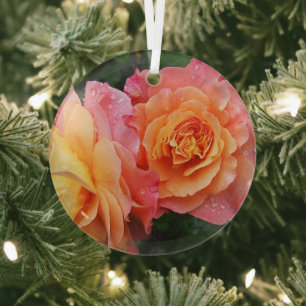 Beautiful pink and orannge rose photo glass tree decoration