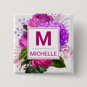 Beautiful Pink and Purple Flowers Monogram 15 Cm Square Badge