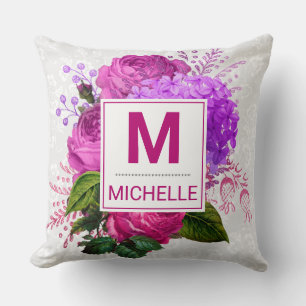 Beautiful Pink and Purple Flowers Monogram Cushion