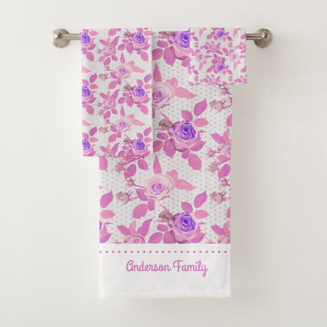 Beautiful Pink And Purple Roses Bath Towel Set (Insitu)