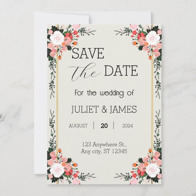 beautiful pink and white Blush Floral  Save The Date (Front)