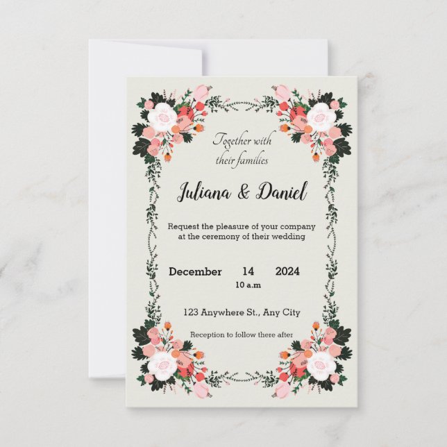 Beautiful Pink and White blush floral  wedding Invitation (Front)