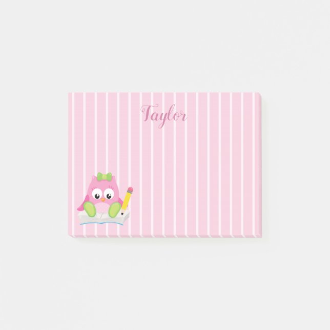 Beautiful Pink and White Stripes Pink Owl Post-it Notes (Front)