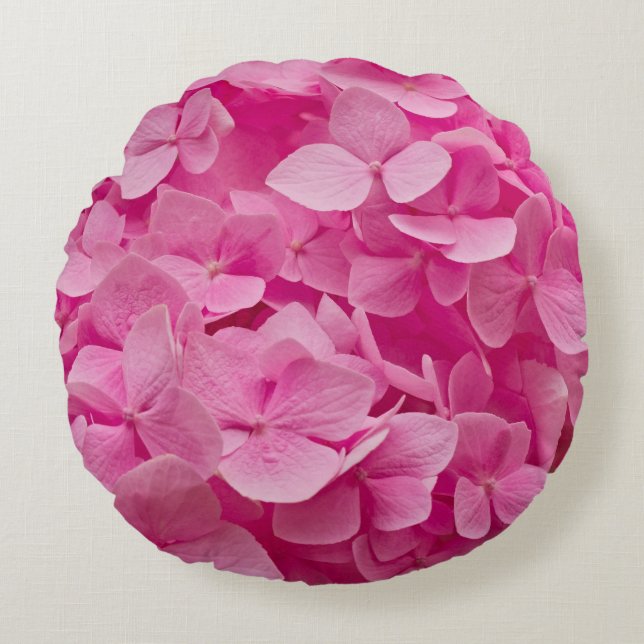 Beautiful Pink Blooming Hydrangea, Elegant Floral Round Cushion (Front)