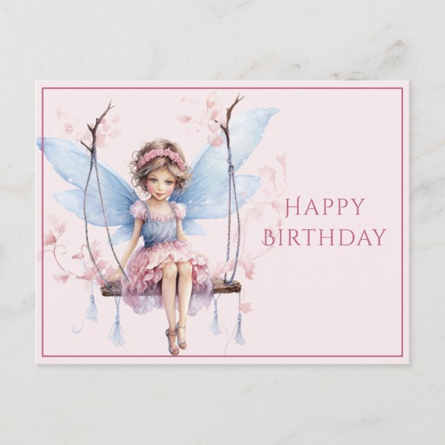 Beautiful Pink & Blue Fairy on Swing Postcard (Front)