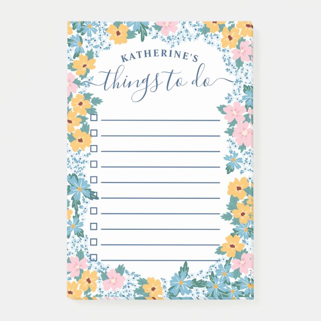 Beautiful Pink & Blue Floral Frame To Do List Post-it Notes (Front)