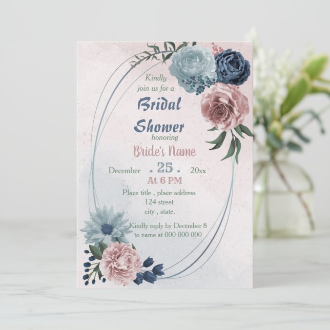 beautiful pink blue floral geometric bridal shower invitation (Standing Front)
