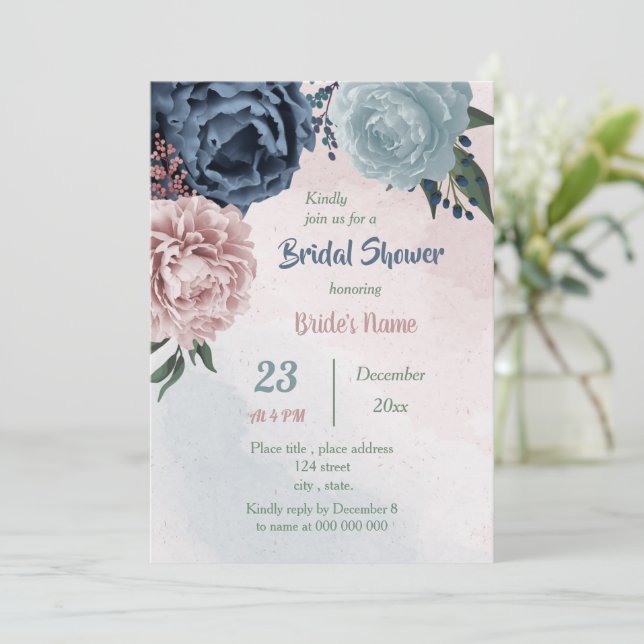 beautiful pink blue floral greenery bridal shower invitation (Standing Front)