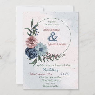 beautiful pink blue floral greenery wreath wedding invitation