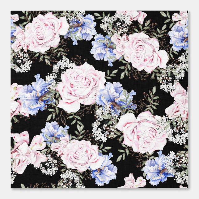 Beautiful Pink Blue Floral Pattern Roses Iris  Wallpaper (Front)