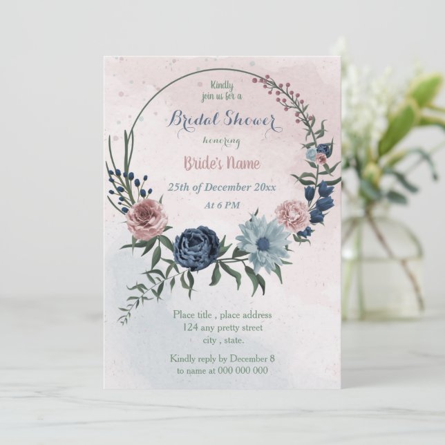 beautiful pink blue floral wreath bridal shower invitation (Standing Front)