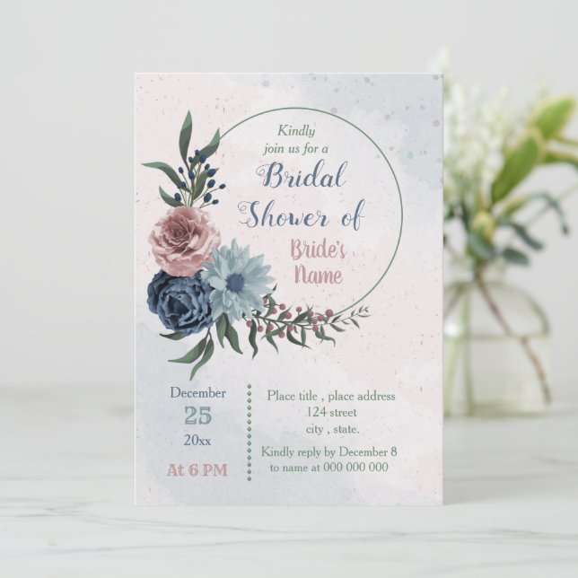 beautiful pink blue floral wreath bridal shower  invitation (Standing Front)