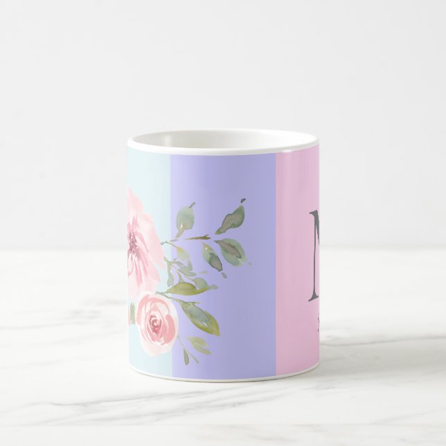 Beautiful Pink Blue Striped Floral Monogram Name Coffee Mug (Center)