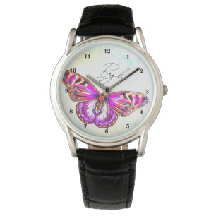 Beautiful Pink Butterfly Illustration Custom Name Watch