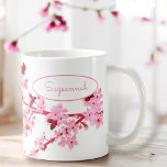 Beautiful Pink Cherry Blossom Floral Custom Coffee Mug<br><div class="desc">This design features two branches of cherry blossoms and template text on both sides of the handle. When you customise the template text it applies to both sides. Click customise to select a font style,  size and colours you prefer.</div>