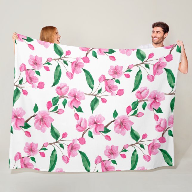 Beautiful Pink Cherry Blossom Floral Watercolor Fleece Blanket (In Situ)