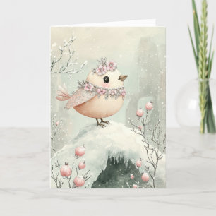 Beautiful Pink Christmas Bird Blank Thank You Card