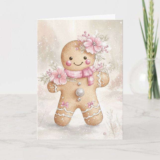 Beautiful Pink Christmas Gingerbread Cookie Blank  Thank You Card (Front)