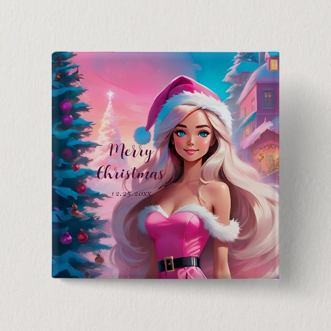 Beautiful Pink Christmas Girl 01 15 Cm Square Badge (Front)