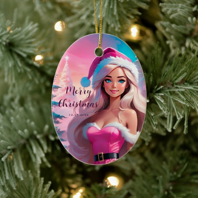 Beautiful Pink Christmas Girl 01 Ceramic Ornament (Tree)