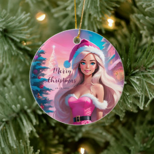 Beautiful Pink Christmas Girl 01 Ceramic Ornament