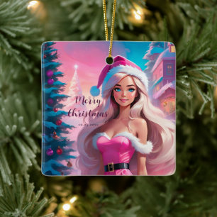 Beautiful Pink Christmas Girl 01 Ceramic Ornament