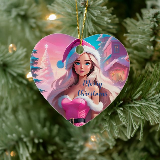 Beautiful Pink Christmas Girl 01 Ceramic Ornament (Tree)