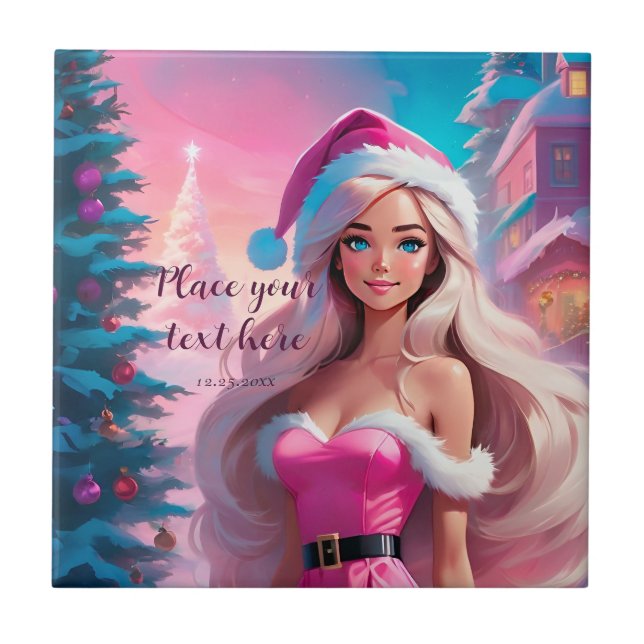 Beautiful Pink Christmas Girl 01 Ceramic Tile (Front)