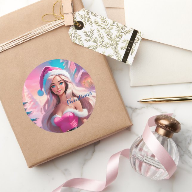 Beautiful Pink Christmas Girl 01 Classic Round Sticker (Gifting)