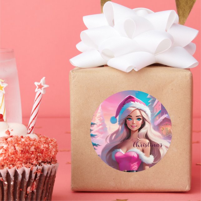 Beautiful Pink Christmas Girl 01 Classic Round Sticker (Party)