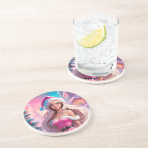 Beautiful Pink Christmas Girl 01 Coaster