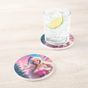 Beautiful Pink Christmas Girl 01 Coaster