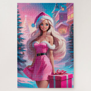 Beautiful Pink Christmas Girl 01 Jigsaw Puzzle