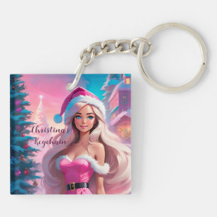 Beautiful Pink Christmas Girl 01 Key Ring