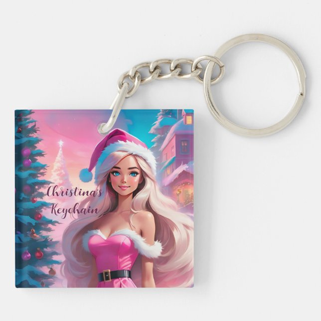 Beautiful Pink Christmas Girl 01 Key Ring (Back)