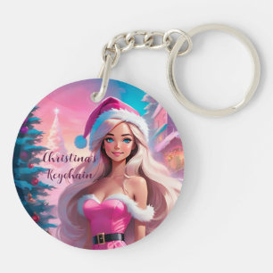 Beautiful Pink Christmas Girl 01 Key Ring