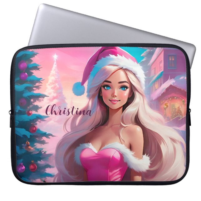 Beautiful Pink Christmas Girl 01 Laptop Sleeve (Front)
