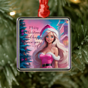 Beautiful Pink Christmas Girl 01 Metal Ornament