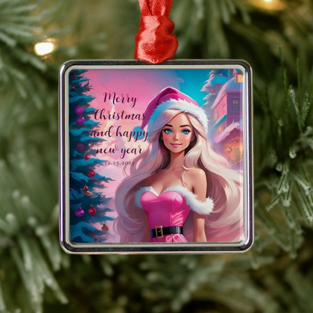 Beautiful Pink Christmas Girl 01 Metal Ornament (Tree)