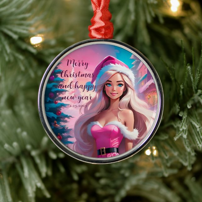 Beautiful Pink Christmas Girl 01 Metal Ornament (Tree)
