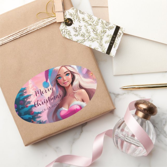 Beautiful Pink Christmas Girl 01 Oval Sticker (Gifting)