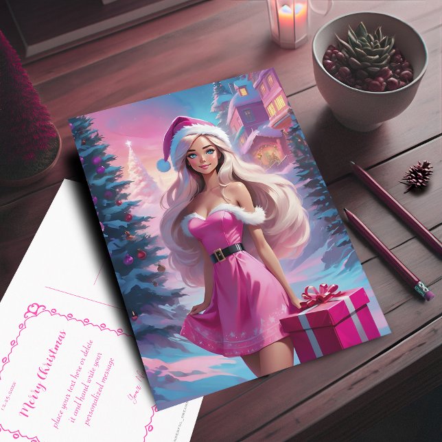 Beautiful Pink Christmas Girl 01 Postcard (Beautiful Pink Christmas Girl Postcard. Customizable with your text.)