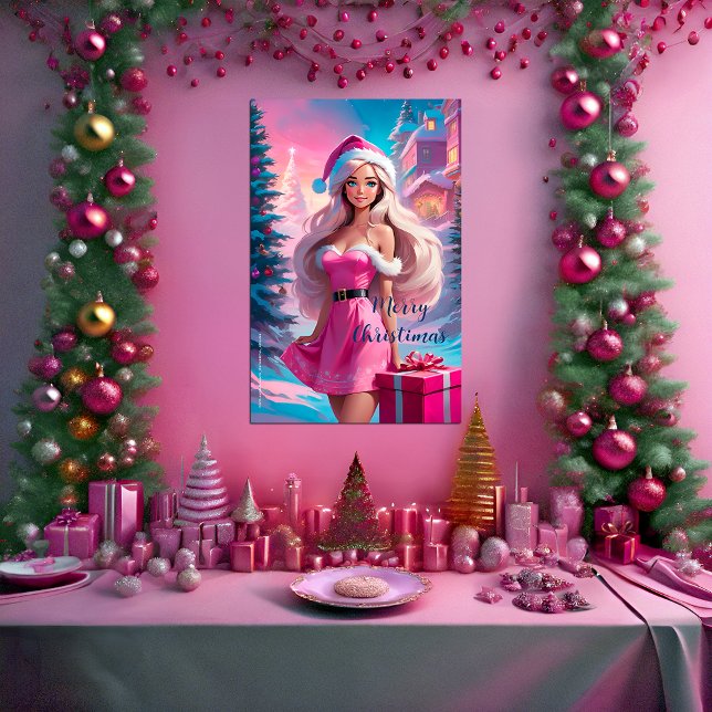 Beautiful Pink Christmas Girl 01 Poster (Beautiful pink chrismas girl poster. Customizable text )