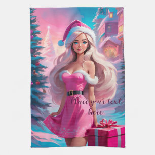 Beautiful Pink Christmas Girl 01 Tea Towel