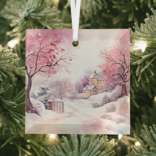 Beautiful Pink Christmas Landscapes  Glass Tree Decoration