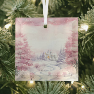Beautiful Pink Christmas Landscapes  Glass Tree Decoration