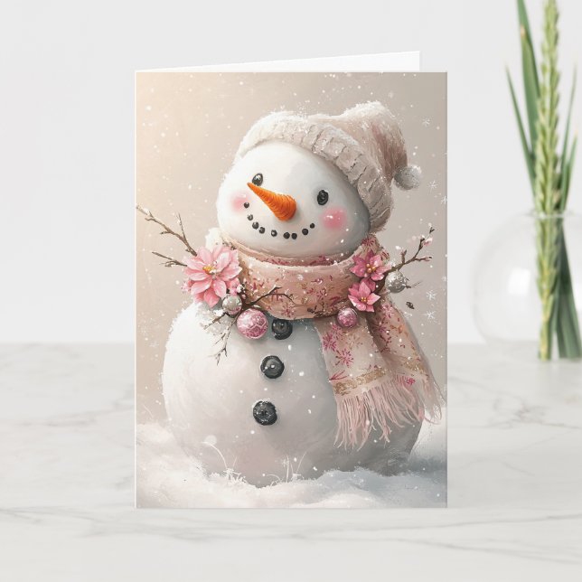 Beautiful Pink Christmas Snowman Blank  Thank You Card (Front)