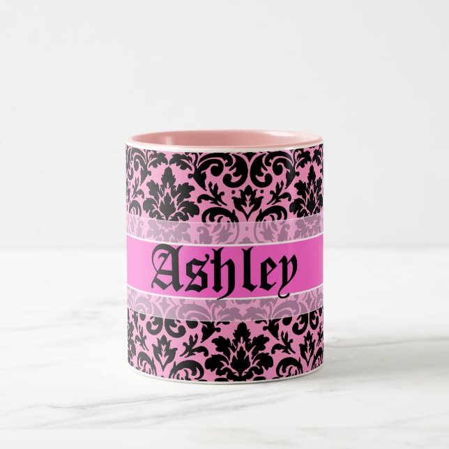 Beautiful pink damask name design Two-Tone coffee mug (Center)